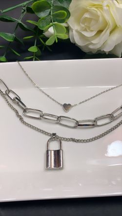 Heart Necklace Triple Layer Lover Lock Pendant, Silver Color