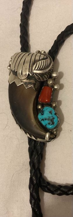 Vintage Metal Bolo Tie, Nice Silver and Blue and Red Turquoise Stones, Horn, Nice Western Design, 2" x 1 1/4", Quality, Heavy Duty, Made in USA, Count