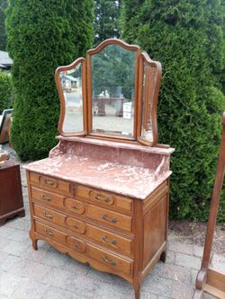 Antique Oak Dresser with Marble Top and Trifold Mirror