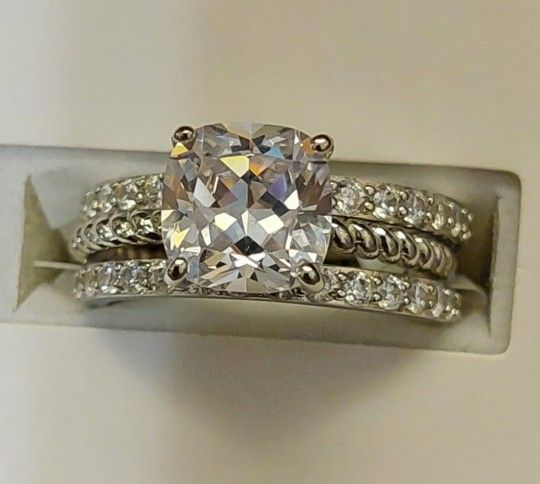 3 Pc Wedding Set White Diamond Simulant CZ Cushion Cut Ring (NWT)