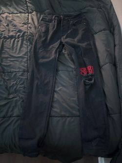 KUSBI Black Jeans with Red Embroidery