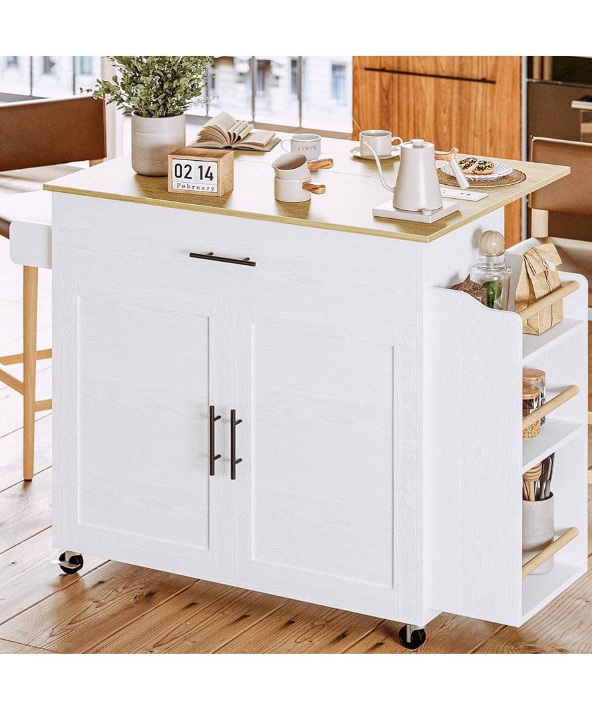 IRONCK Kitchen Island with Storage, Rolling Kitchen Island on Wheels with Drop Leaf, 3 Open Spice Rack Shelf, Door Cabinet, Drawer, Kitchen Cart Islan