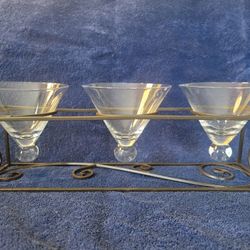Metal Holder W/ 3 Martini Like Glass Inserts 