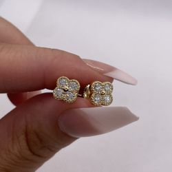 Clover Earrings Screw Back - Gold Over 925 Silver & Moissanite