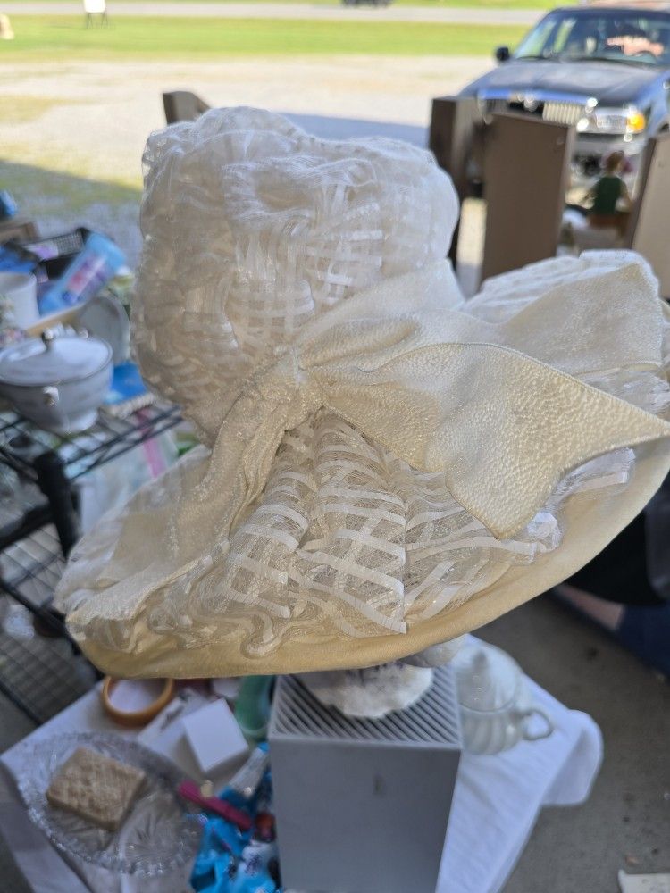 Vintage Milinary Sun Hat Champagne Colored With Bow Sash Cathy Of Calafornia