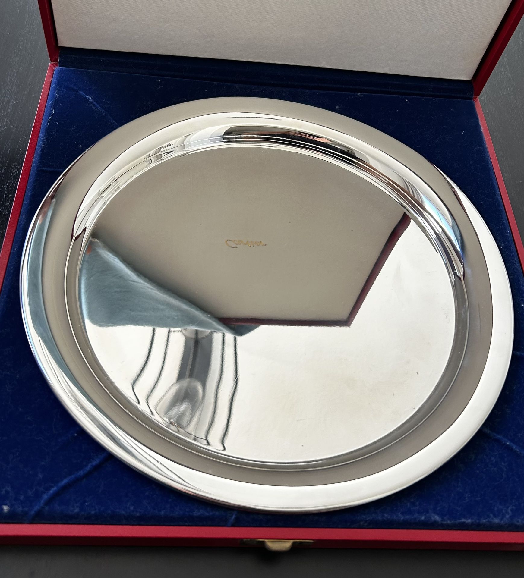 Cartier 11" Pewter Serving Tray Plate ~ Red Box, Pouch, Outer Sleeve