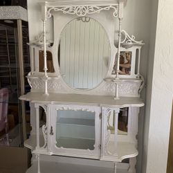 Pearl White Wood Open Shelf Display Cabinet Cupboard Etegere Hutch With Mirror