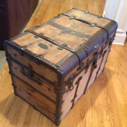Antique Wood With Metal Trim and Leather Straps Steamer Trunk