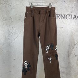 Chrome Hearts dark brown zebra patchwork leather cross-pattern washed jeans