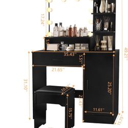 Vanity With Mirror Light And Chair 