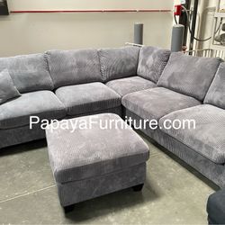 New! Dark Grey Sectional Sofa And Ottoman, Sectionals, Sofa, Couch, Plush Sectional, High Back Couch, Sofas, Grey Sectional, Grey Sofa, Grey Couch Dim