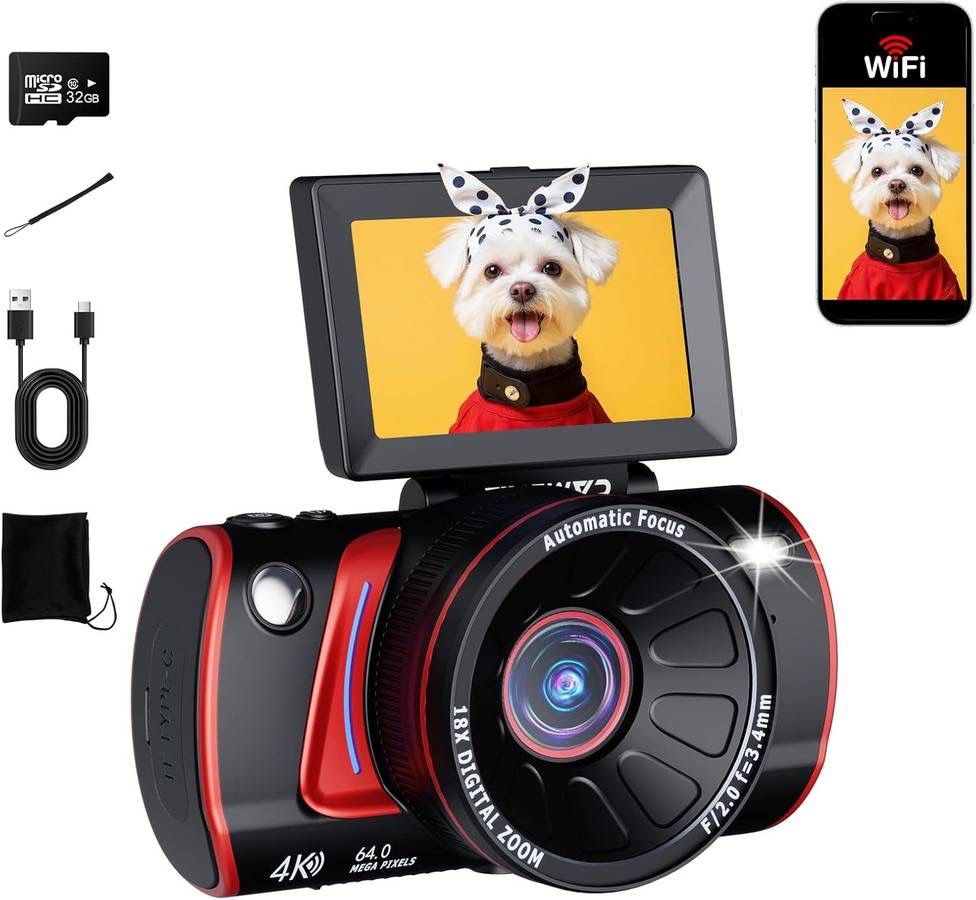 new 4K Digital Camera for Photography, 64MP WiFi Vlogging Camera for Beginners with 3" 180° Flip Screen, 18X Digital Zoom, Point and Shoot Camera for 