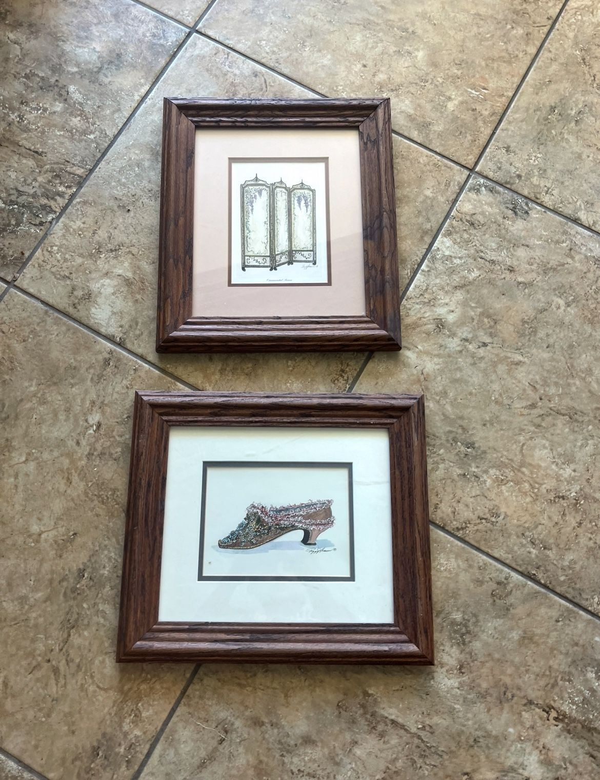 2 Vintage Art Painting Prints In Glass Wood Antique Frames