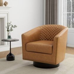 UIXE Faux Leather Swivel Barrel Accent Chair, Upholstered Round Armchair Club Chair for Living Room, Comfy Single Sofa Bedroom Reading Seat - Coffee