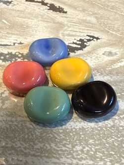 Fun Bean Shaped Colorful Ceramic Chopstick Rests Set of 5 Vibrant set of five ceramic chopstick rests in blue, yellow, pink, green, and black. Each