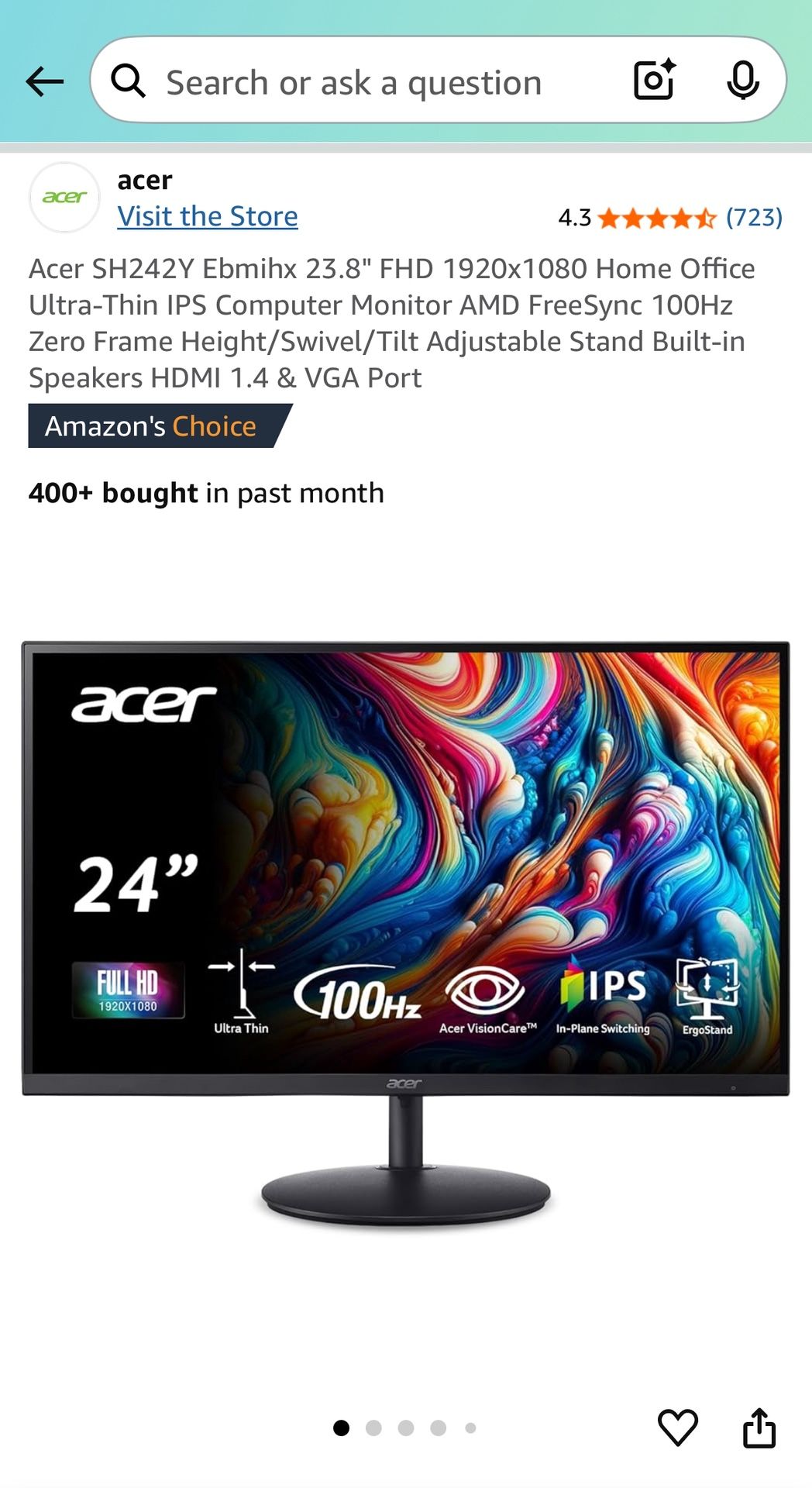Acer Computer Monitor: SH242Y Ebmihx 23.8" FHD 1920x1080 Home Office Ultra-Thin IPS
