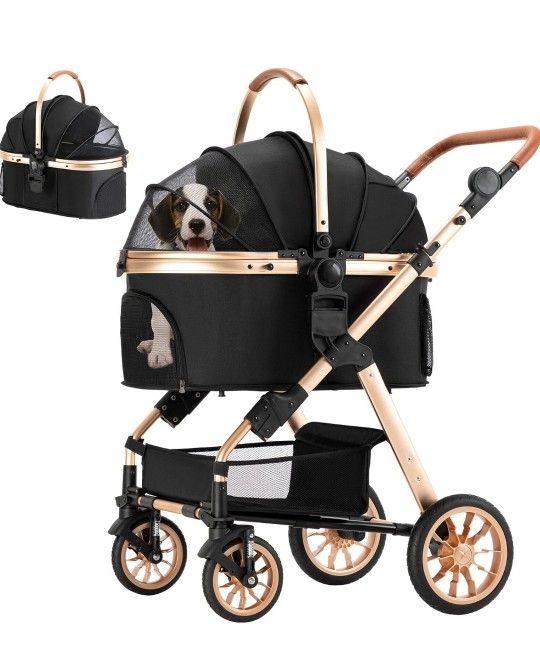 Pet Stroller 3 in 1 Folding Lightweight Dog Stroller with Detachable Carrier & Storage Basket, Premium 4 Wheels Travel Stroller for Puppies, Doggies, 