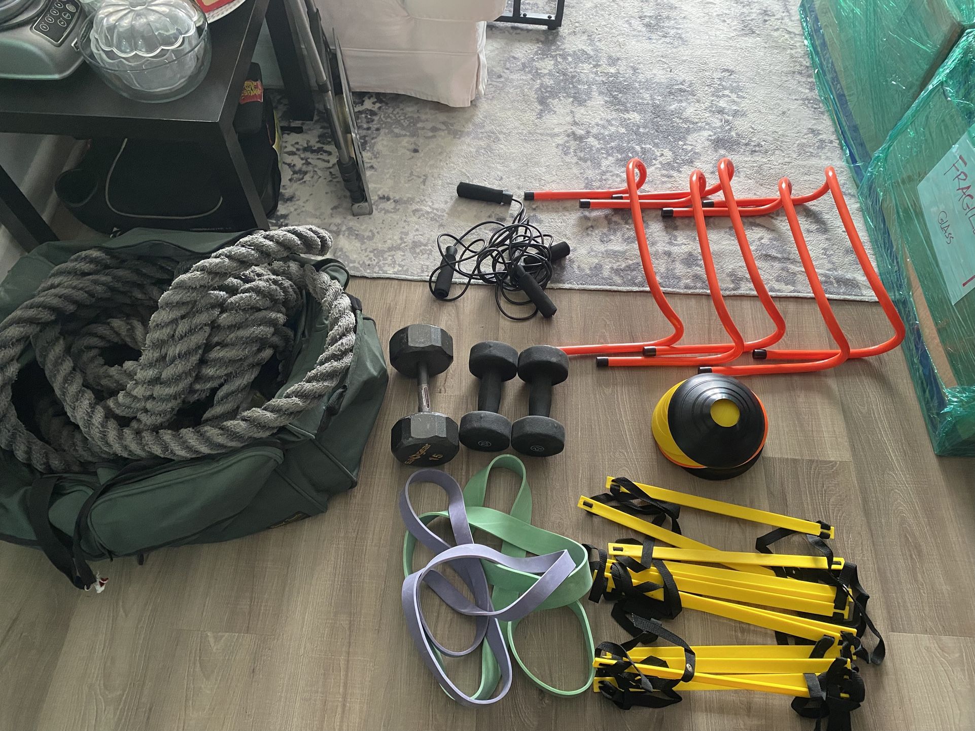 Fitness Equipment- Battling Rope, Jumping Ropes, Weights, Hurdles And Cones.