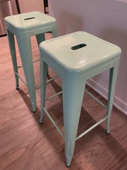 Pair of Mint Green Metal Bar Stools