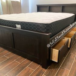 Black Queen Bed With Drawers And Mattress 