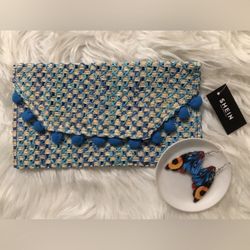 SHEIN clutch blue woven handbag & buttefly earrings