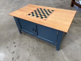 Vintage Navy Blue and Natural Wood Coffee Table with Painted Chessboard Top