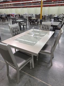 Brand New Silver & Grey 7pc Formal Dining Table Set