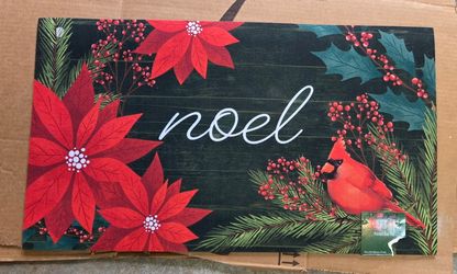 Noel Door Mat With Cardinal And Poinsettas