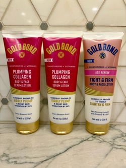 New Gold Bond body and face lotions. Plumping Collagen serum lotion in Cherry Blossom scent OR Age Renew Tight & Firm lotion