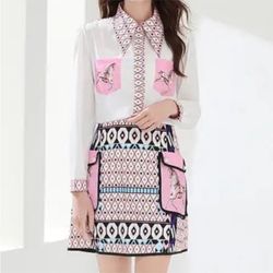 Comino Couture Equestrian Long Sleeve Blouse & Embellished Mini Skirt Set Sz L