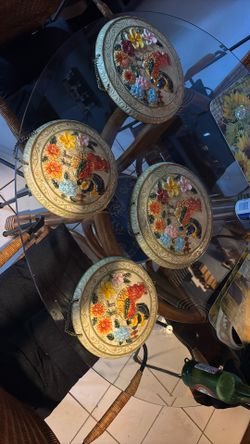 Set A Four Ceramic Rooster Wall Plaques, 3-D, Hand-Painted Rooster Design Surrounded By Colorful Floor Accents On A Textured Cream Colored Base
