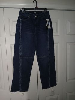 Trendy Dark Wash Wide Leg Frayed Trim Ankle Jeans