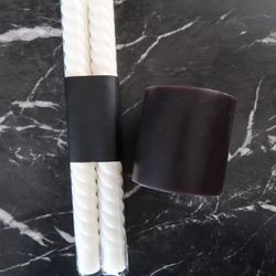 CB2 Candles • Twisted Winter White Taper Set & 3”x3” Black Pillar Candle