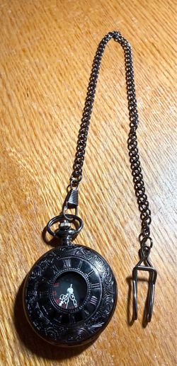 Black Tone Pocket Watch With Chain. Good Condition With New Battery