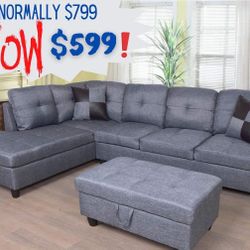 Bluish Gray Sectional With A Matching Storage Ottoman