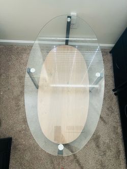 Oval Glass Coffee Table with Wood Shelf