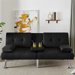 Modern Fabric Upholstered Futon with 2 Throw Pillows, Black