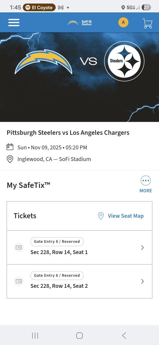 2 LA CHARGERS VS PITTSBURGH STEELERS SECTION 238 ROW 14 SEATS 1,2,
