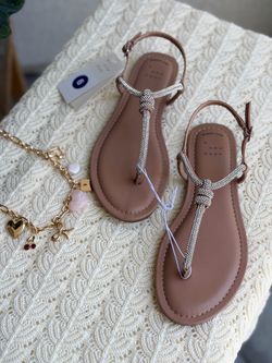 Rhinestone T-Strap Flat Sandals – Blush Nude | Size 6