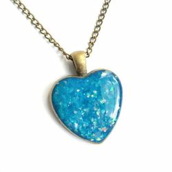 Blue fire opal (faux) heart shaped pendant on bronze necklace new handmade