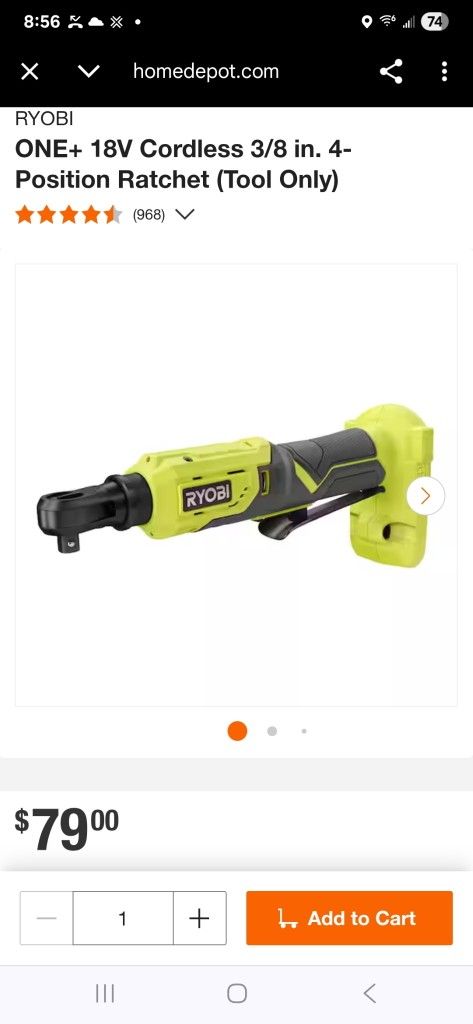 RYOBI
ONE+ 18V Cordless 3/8 in. 4-Position Ratchet (Tool Only)