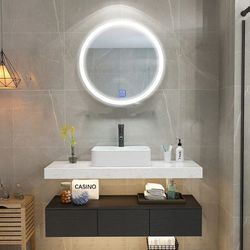 40"/48" Modern Floating Bathroom Vanity Set Single Sink White & Black (W/Faucet, Round LED Mirror) 
