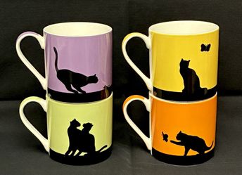 Streetwise Cat coffee mugs Fairmont & Main set of 4 black silhouette very HTF