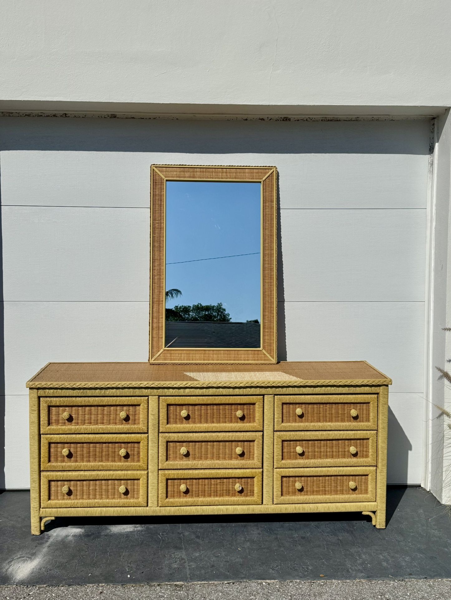 Henry Link Wicker Dresser with 9 Drawers & Mirror - Vintage Wrapped Rattan Coastal Boho Chic Furniture