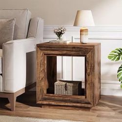 Rustic Wood End Table 2 Tiered Square Side Table with Storage Shelf Industrial Sofa Side Table for Living Room Entrance (Rustic Brown)