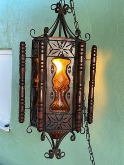 XL vintage Spanish Revival rustic wood iron amber glass lantern plug in lamp