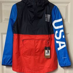 $90 Women’s The North Face IC Anorak Rain Jacket USA Olympics Hooded Water Resistant Windbreaker Jacket in the Fiery Red Blue White Colorway 