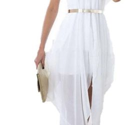 Women's Elegant Hi Low Sheer Chiffon Gold Belted Folds Casual Beach Holiday Party Dress M
