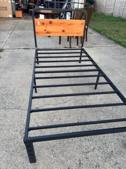 Twin Metal Bed Frame with Wood Headboard