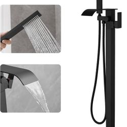 Black Freestanding Bathtub Faucet Floor Mounted Tub Filler Waterfall Tub Spout with Handheld Shower Head Single Handle Solid Brass Construction Bathtu
